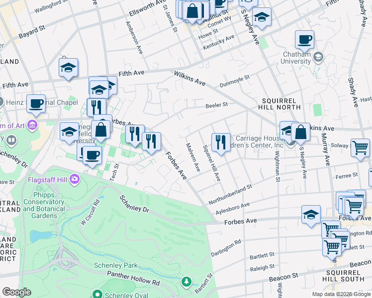 map of restaurants, bars, coffee shops, grocery stores, and more near 1217 Malvern Avenue in Pittsburgh