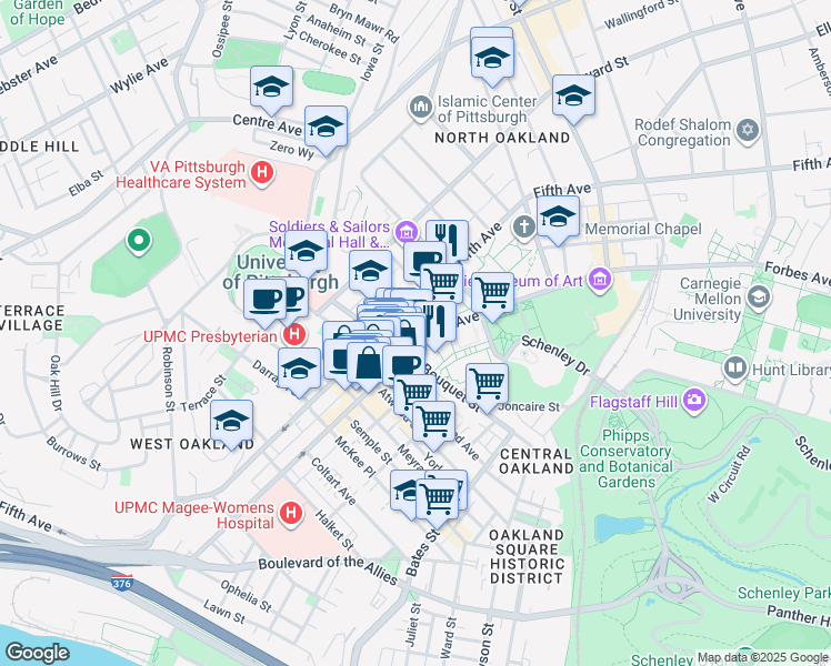map of restaurants, bars, coffee shops, grocery stores, and more near 3990 Fifth Avenue in Pittsburgh