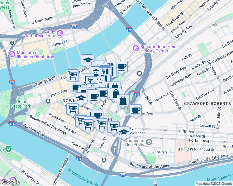 map of restaurants, bars, coffee shops, grocery stores, and more near in Pittsburgh