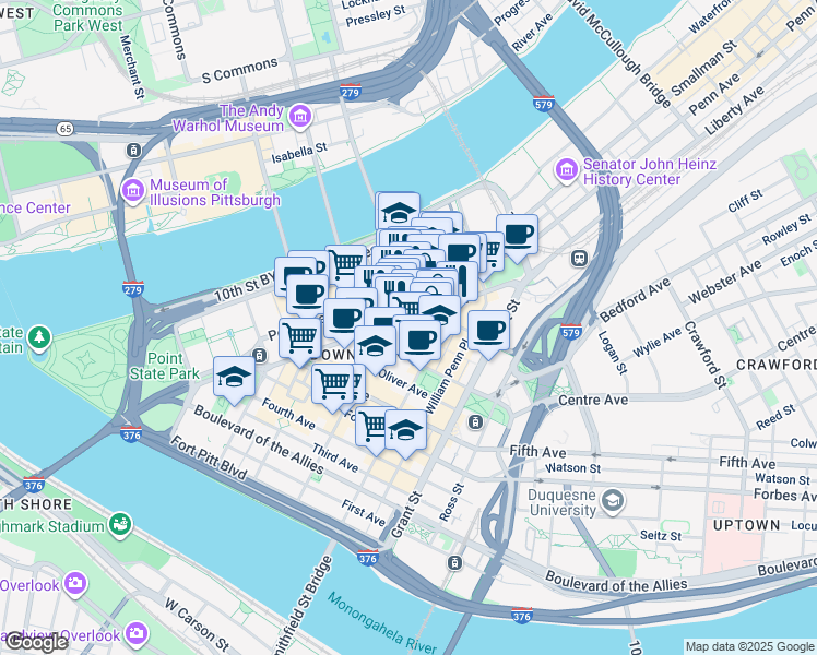 map of restaurants, bars, coffee shops, grocery stores, and more near in Pittsburgh