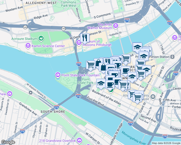 map of restaurants, bars, coffee shops, grocery stores, and more near Fort Duquesne Boulevard in Pittsburgh
