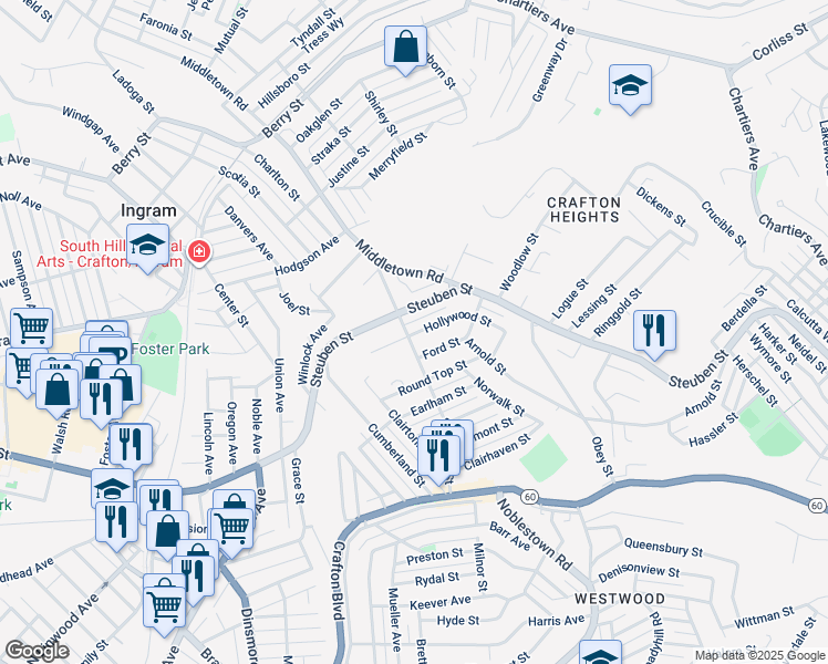 map of restaurants, bars, coffee shops, grocery stores, and more near 1741 Stratmore Street in Pittsburgh