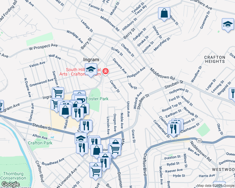 map of restaurants, bars, coffee shops, grocery stores, and more near in Ingram