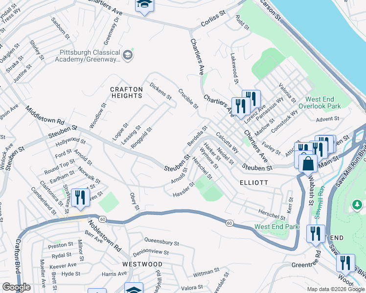 map of restaurants, bars, coffee shops, grocery stores, and more near 1127 Berdella Street in Pittsburgh