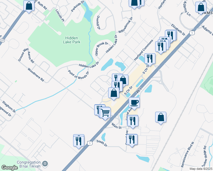 map of restaurants, bars, coffee shops, grocery stores, and more near 270 Kempsey Drive in North Brunswick Township