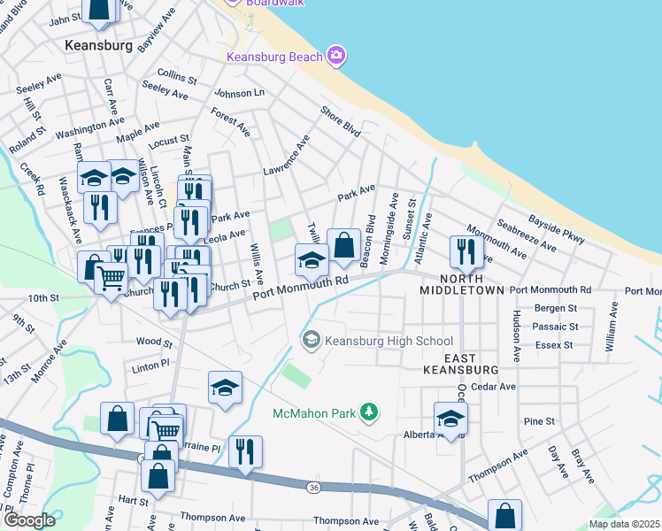 map of restaurants, bars, coffee shops, grocery stores, and more near 256 Twilight Avenue in Keansburg