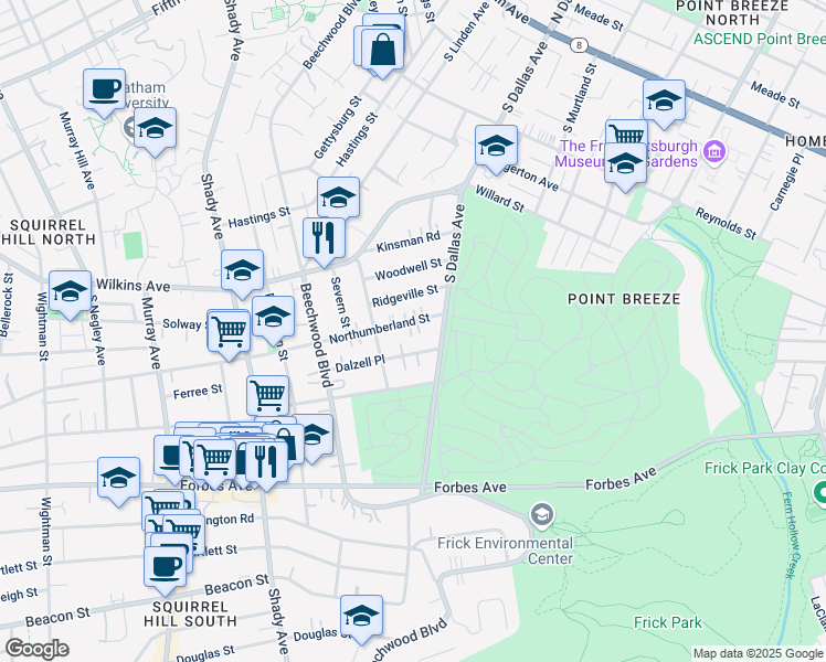 map of restaurants, bars, coffee shops, grocery stores, and more near 6634 Northumberland Street in Pittsburgh