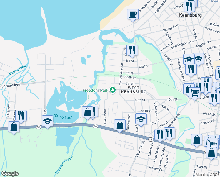 map of restaurants, bars, coffee shops, grocery stores, and more near 198 South Park Avenue in Keansburg