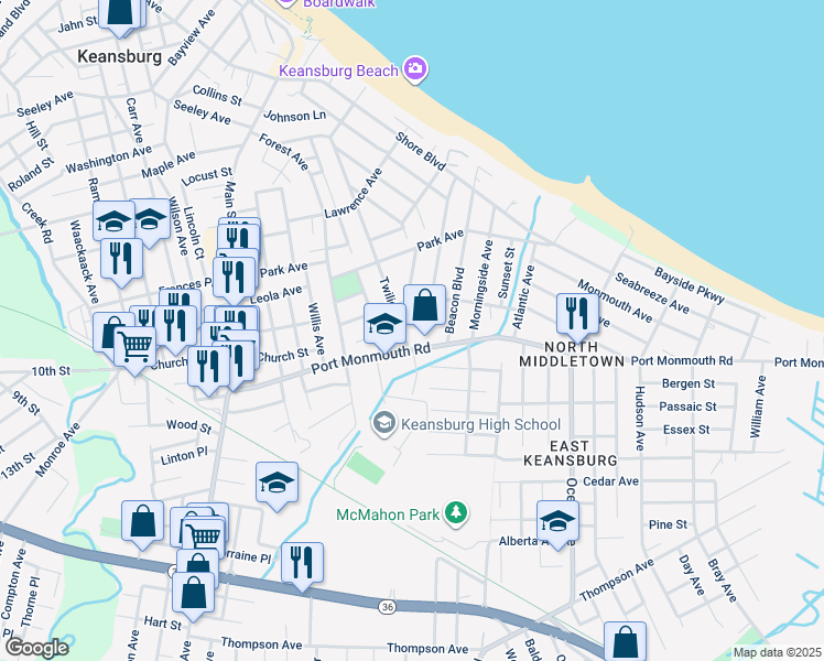 map of restaurants, bars, coffee shops, grocery stores, and more near 256 Twilight Avenue in Keansburg
