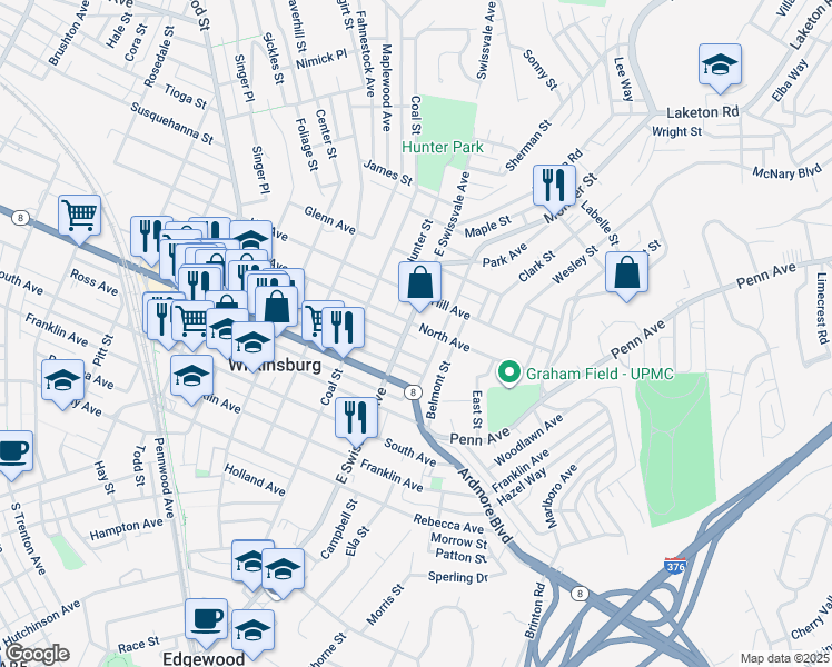 map of restaurants, bars, coffee shops, grocery stores, and more near 1114 East Swissvale Avenue in Pittsburgh