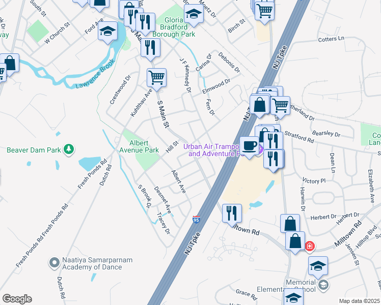 map of restaurants, bars, coffee shops, grocery stores, and more near 294 South Main Street in Milltown