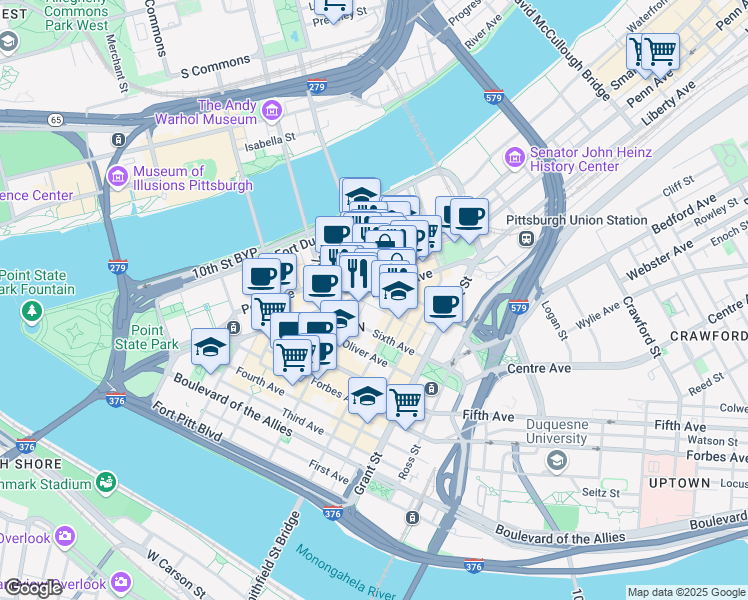 map of restaurants, bars, coffee shops, grocery stores, and more near 820 Liberty Avenue in Pittsburgh