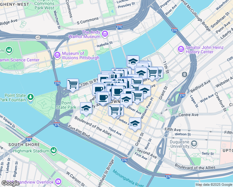 map of restaurants, bars, coffee shops, grocery stores, and more near 649 Penn Avenue in Pittsburgh
