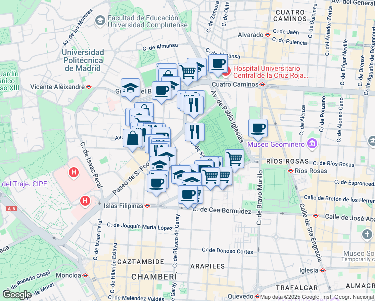 map of restaurants, bars, coffee shops, grocery stores, and more near 21 Calle de Melquíades Álvarez in Madrid