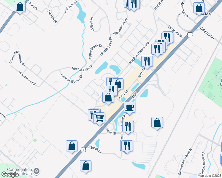 map of restaurants, bars, coffee shops, grocery stores, and more near 2415 Oxford Drive in North Brunswick Township