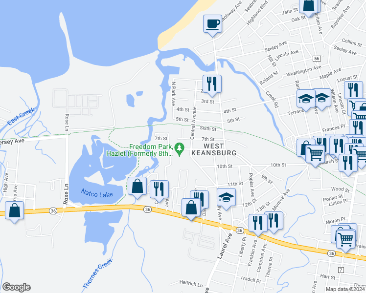 map of restaurants, bars, coffee shops, grocery stores, and more near 135 8th Street in Keansburg
