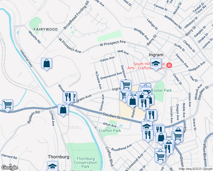 map of restaurants, bars, coffee shops, grocery stores, and more near 36 Cobb Avenue in Pittsburgh