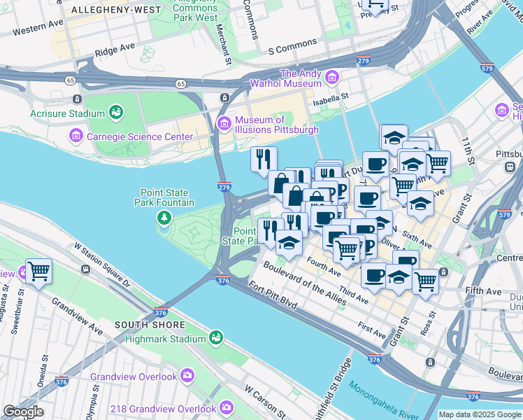 map of restaurants, bars, coffee shops, grocery stores, and more near Fort Duquesne Boulevard in Pittsburgh