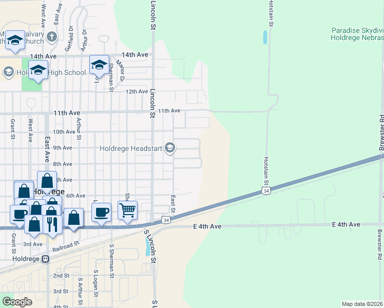 map of restaurants, bars, coffee shops, grocery stores, and more near 844-898 East Street in Holdrege