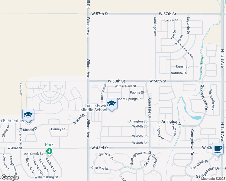 map of restaurants, bars, coffee shops, grocery stores, and more near 2523 Silverton Street in Loveland