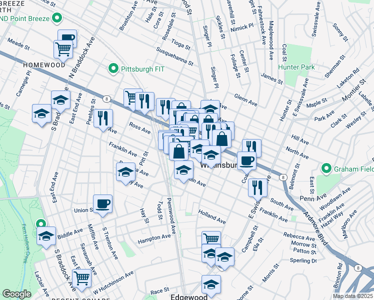 map of restaurants, bars, coffee shops, grocery stores, and more near 822 Wood Street in Pittsburgh