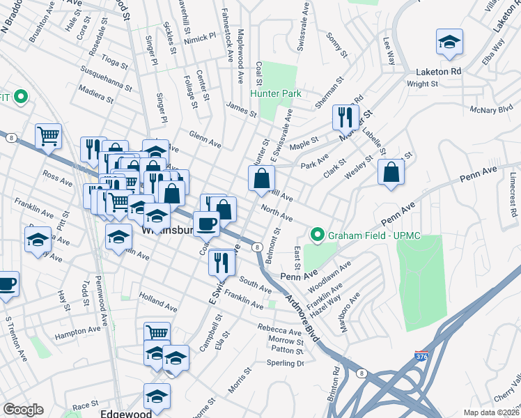 map of restaurants, bars, coffee shops, grocery stores, and more near 1200 East Swissvale Avenue in Pittsburgh