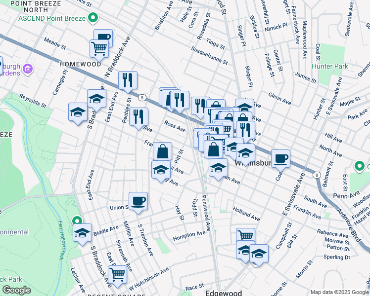 map of restaurants, bars, coffee shops, grocery stores, and more near 444 South Avenue in Pittsburgh