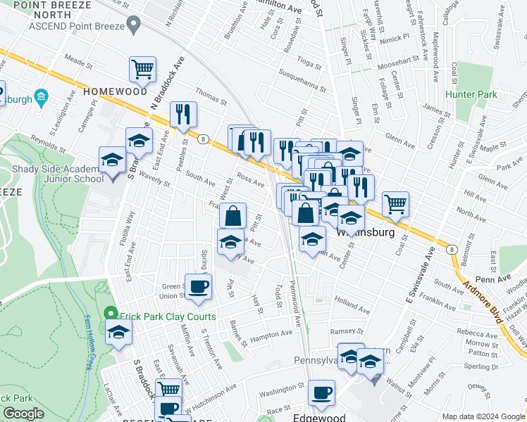 map of restaurants, bars, coffee shops, grocery stores, and more near 444 South Avenue in Pittsburgh
