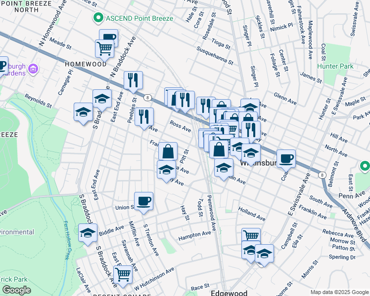 map of restaurants, bars, coffee shops, grocery stores, and more near 444 South Avenue in Pittsburgh