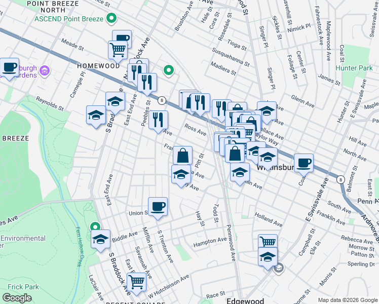 map of restaurants, bars, coffee shops, grocery stores, and more near 419 Franklin Avenue in Pittsburgh
