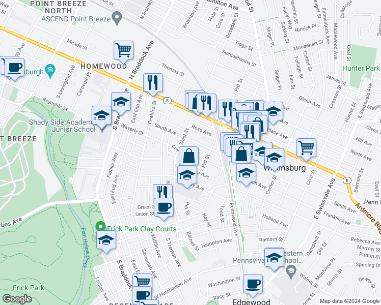 map of restaurants, bars, coffee shops, grocery stores, and more near 419 Franklin Avenue in Pittsburgh