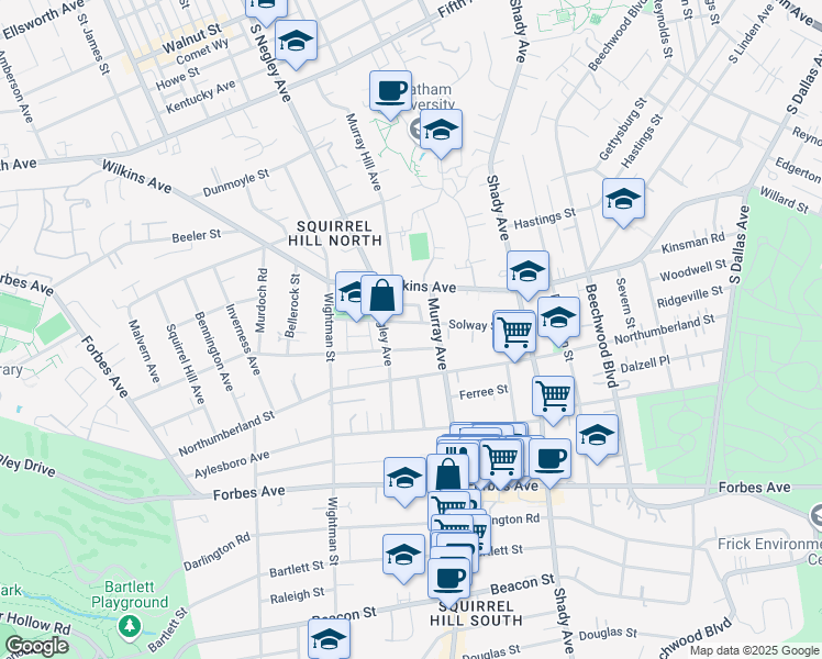 map of restaurants, bars, coffee shops, grocery stores, and more near 5733 Solway Street in Pittsburgh