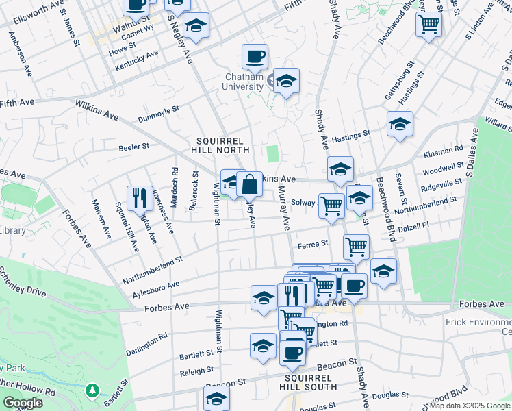 map of restaurants, bars, coffee shops, grocery stores, and more near 1326 South Negley Avenue in Pittsburgh