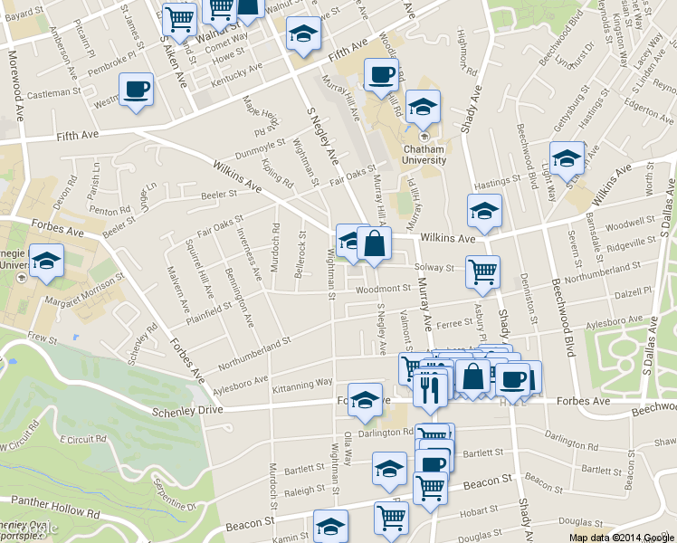 map of restaurants, bars, coffee shops, grocery stores, and more near 1401 Wightman Street in Pittsburgh