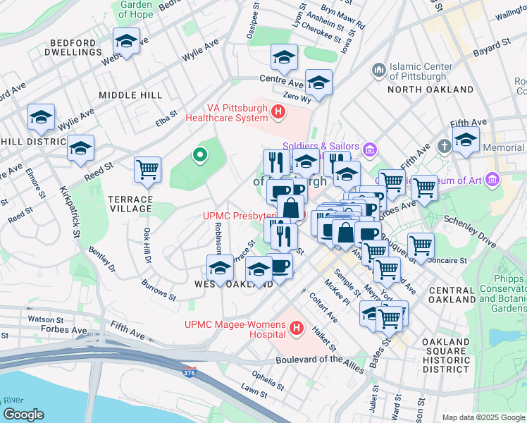 map of restaurants, bars, coffee shops, grocery stores, and more near 335 Sutherland Drive in Pittsburgh