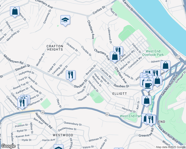 map of restaurants, bars, coffee shops, grocery stores, and more near 1048 Steuben Street in Pittsburgh