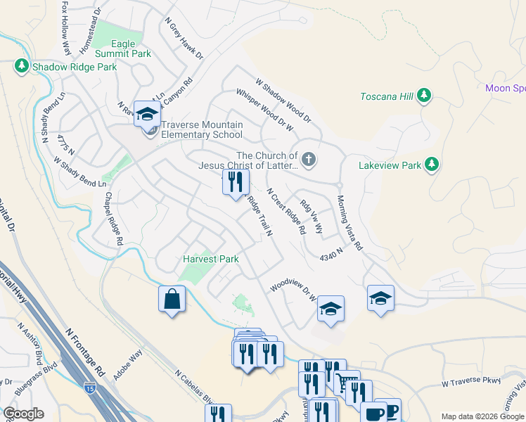 map of restaurants, bars, coffee shops, grocery stores, and more near 4472 Pheasant Ridge Trail North in Lehi