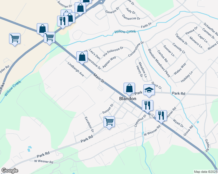 map of restaurants, bars, coffee shops, grocery stores, and more near 244 Main Street in Blandon
