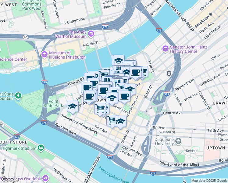 map of restaurants, bars, coffee shops, grocery stores, and more near in Pittsburgh