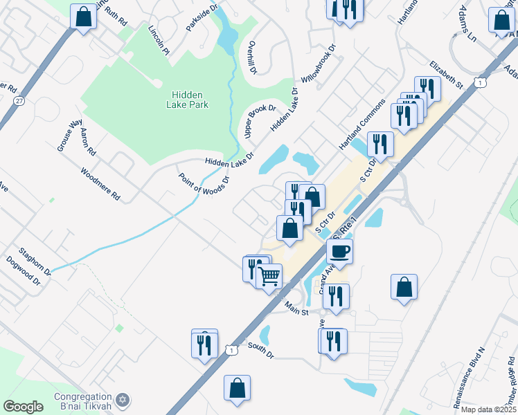 map of restaurants, bars, coffee shops, grocery stores, and more near 210 Darwin Lane in North Brunswick Township