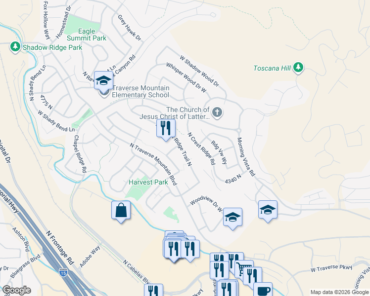 map of restaurants, bars, coffee shops, grocery stores, and more near 4472 Pheasant Ridge Trail North in Lehi