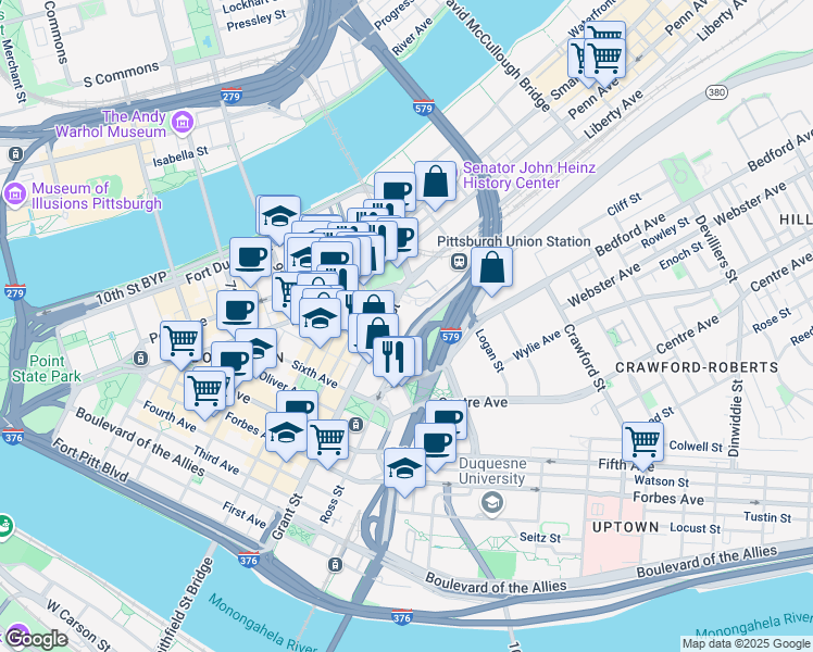 map of restaurants, bars, coffee shops, grocery stores, and more near 700 Grant Street in Pittsburgh