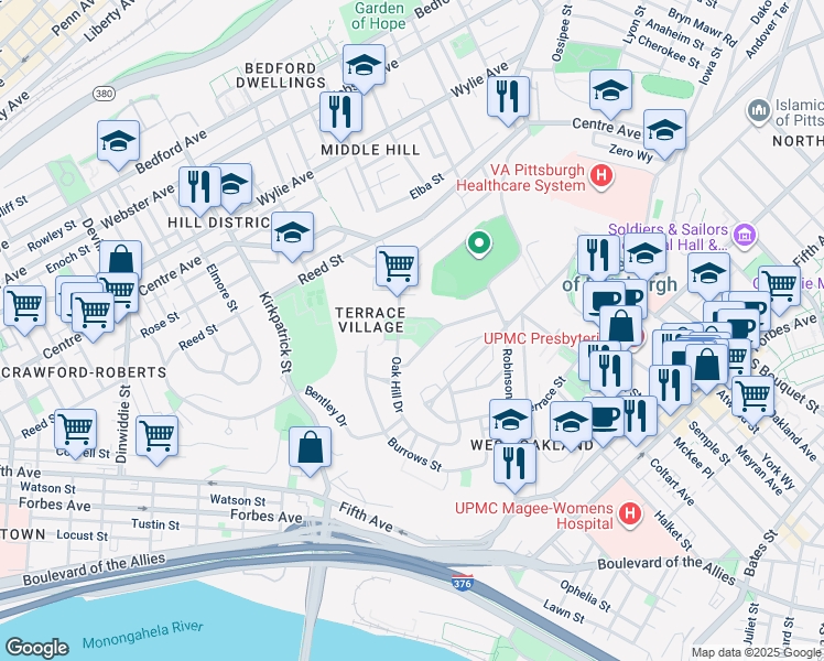 map of restaurants, bars, coffee shops, grocery stores, and more near 22 Strayhorn Way in Pittsburgh