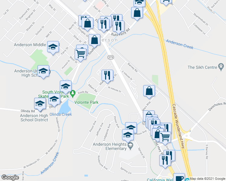 map of restaurants, bars, coffee shops, grocery stores, and more near 2570 West Hillside Drive in Anderson