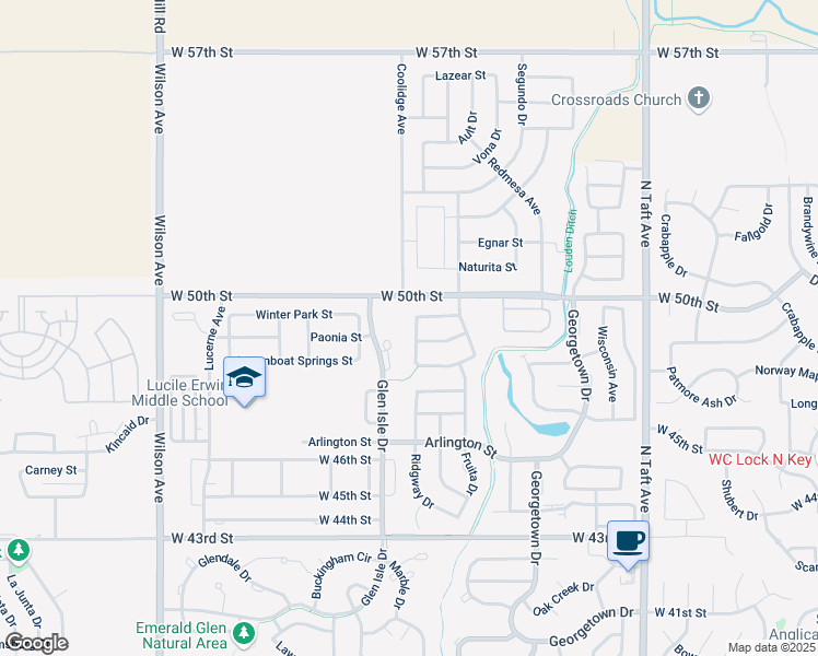 map of restaurants, bars, coffee shops, grocery stores, and more near 4885 New Jersey Avenue in Loveland