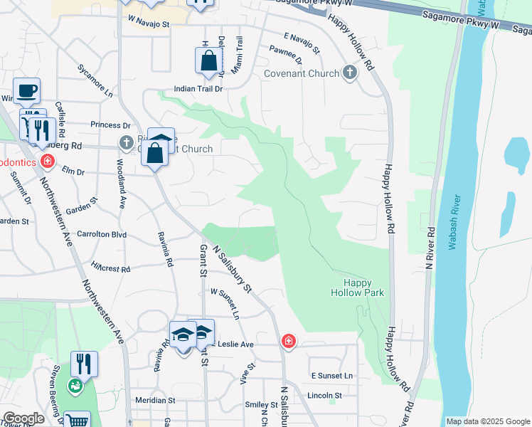 map of restaurants, bars, coffee shops, grocery stores, and more near 130 Grandview Lane in West Lafayette