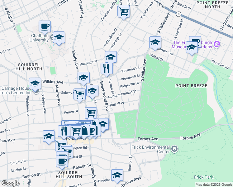 map of restaurants, bars, coffee shops, grocery stores, and more near 1454 Barnsdale Street in Pittsburgh