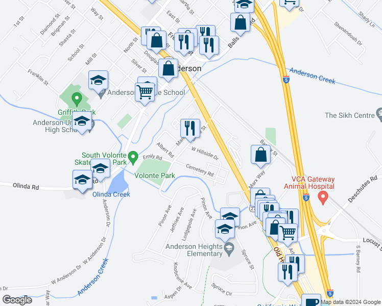 map of restaurants, bars, coffee shops, grocery stores, and more near 2585 West Hillside Drive in Anderson