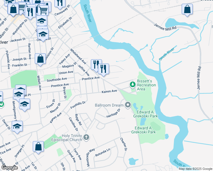 map of restaurants, bars, coffee shops, grocery stores, and more near 12 Robert Street in South River