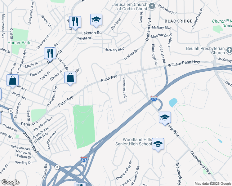 map of restaurants, bars, coffee shops, grocery stores, and more near 916 William Penn Court in Pittsburgh
